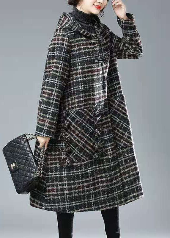 Black Chocolate Plaid Hooded Pockets Thick Woolen Trench Winter