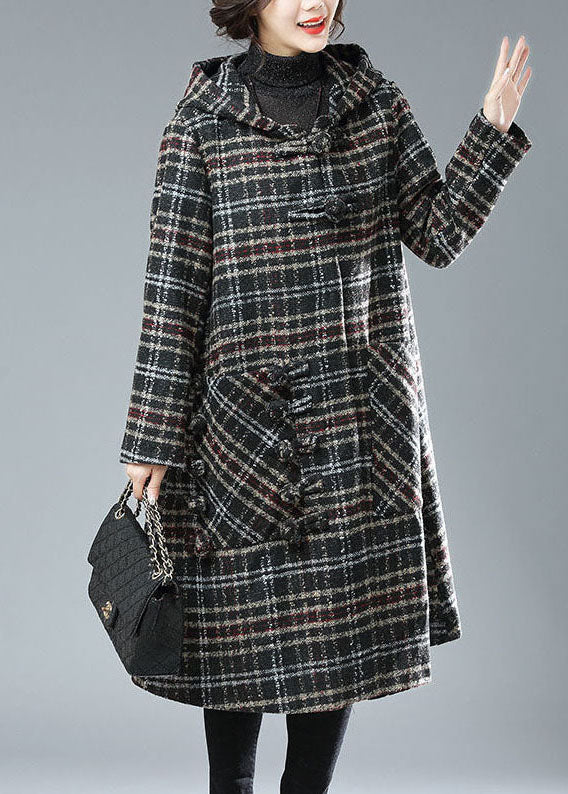 Black Chocolate Plaid Hooded Pockets Thick Woolen Trench Winter