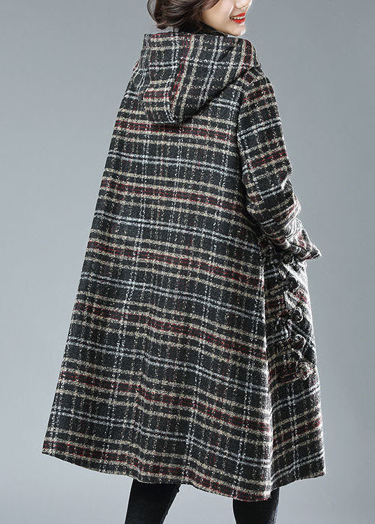 Black Chocolate Plaid Hooded Pockets Thick Woolen Trench Winter