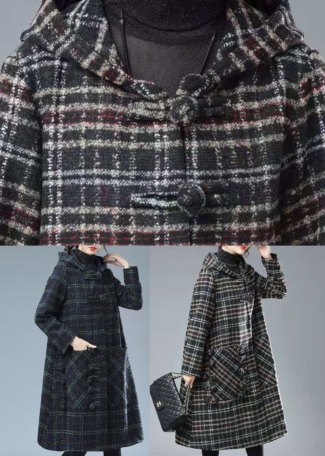 Black Chocolate Plaid Hooded Pockets Thick Woolen Trench Winter