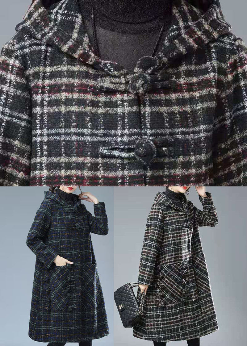 Black Chocolate Plaid Hooded Pockets Thick Woolen Trench Winter