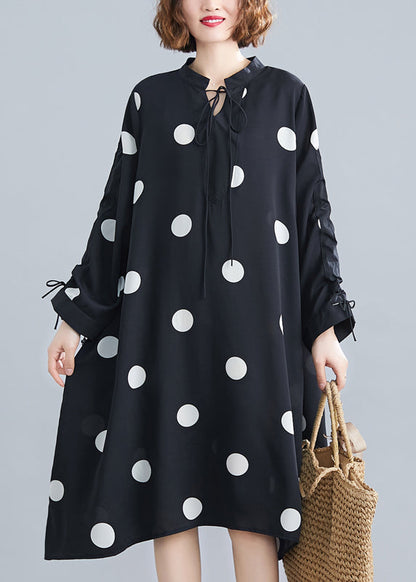 Black Dot Lace Up Patchwork Chiffon Dresses Fall