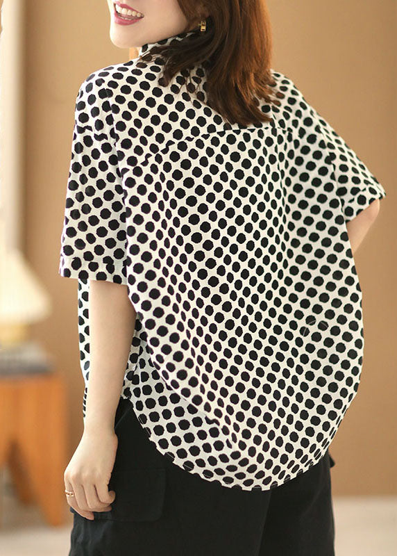 Black Dot Print Peter Pan Collar Cotton Shirts Short Sleeve