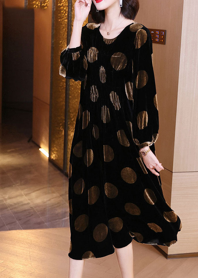 Black Dot Print Velour Dress Spring