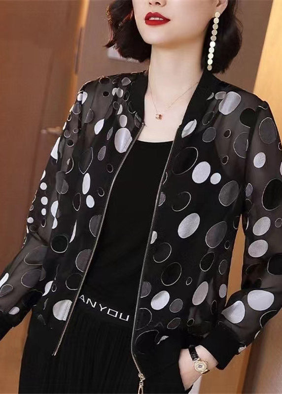 Black Dot Print Zippere Chiffon Sunscreen Coat Long Sleeve