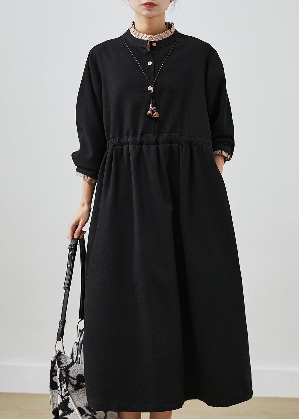 Black Drawstring Cotton Fake Two Piece Dresses Spring
