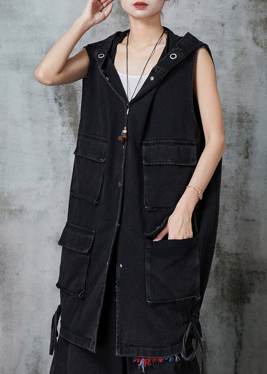 Black Drawstring Pockets Cotton Hooded Vest Spring