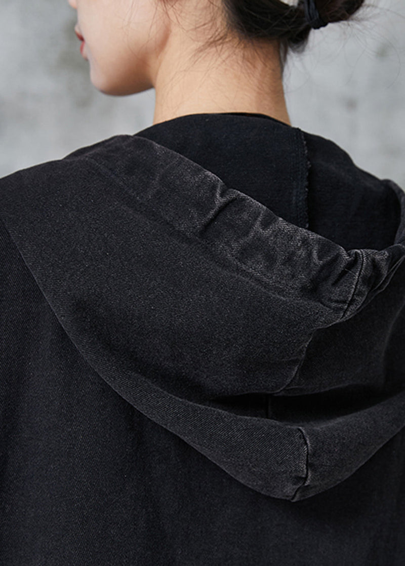 Black Drawstring Pockets Cotton Hooded Vest Spring