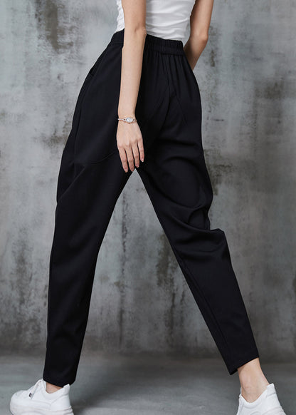 Black Elastic Waist Cotton Harem Pants Spring