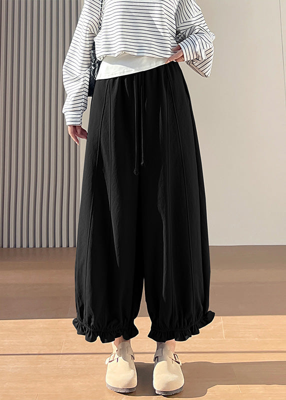 Black Elastic Waist Ruffled Cotton Pants Spring