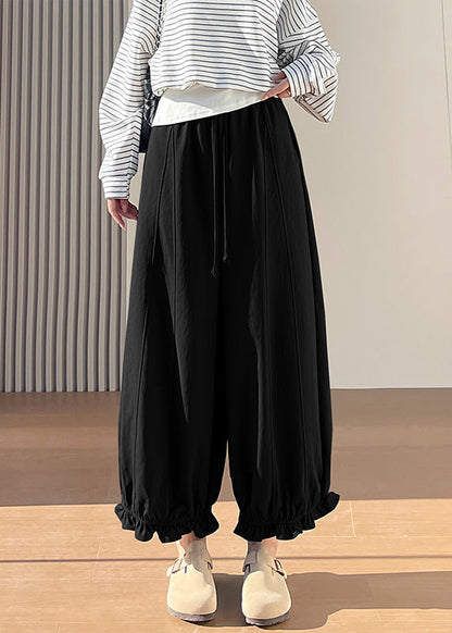 Black Elastic Waist Ruffled Cotton Pants Spring