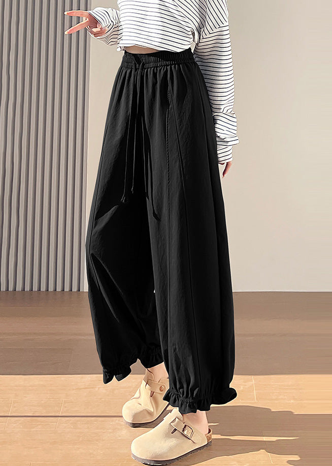 Black Elastic Waist Ruffled Cotton Pants Spring
