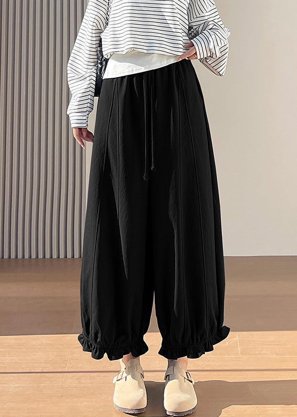Black Elastic Waist Ruffled Cotton Pants Spring