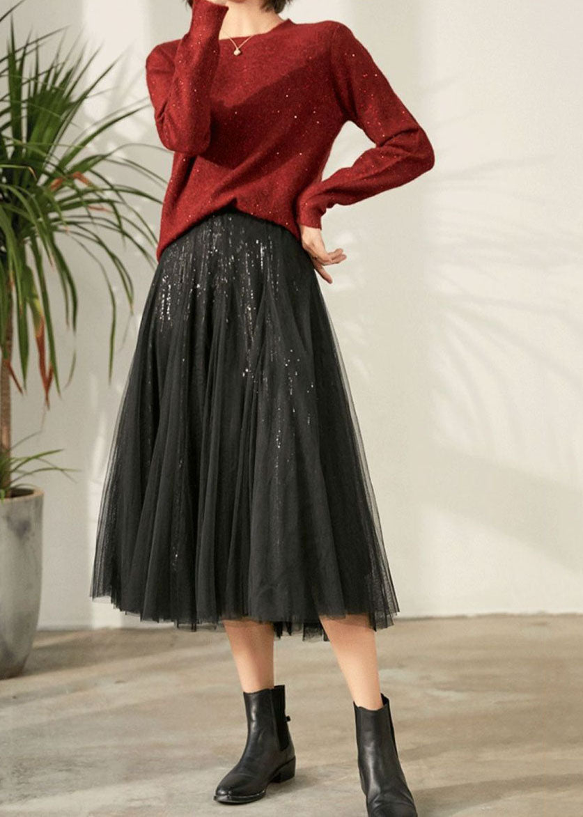 Black Elastic Waist Sequins Tulle Skirt Spring