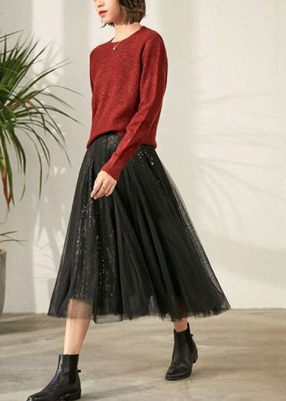Black Elastic Waist Sequins Tulle Skirt Spring