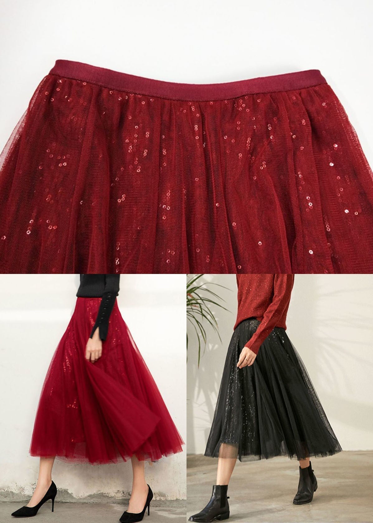 Black Elastic Waist Sequins Tulle Skirt Spring
