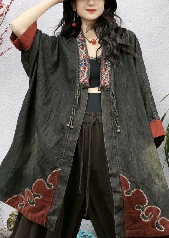 Black Embroidered Button Cotton Coat Bracelet Sleeve