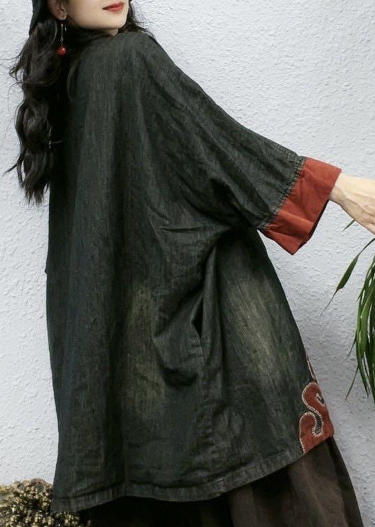 Black Embroidered Button Cotton Coat Bracelet Sleeve