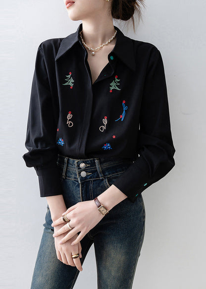 Plus Size Black Embroidered Chiffon Blouse Tops Spring