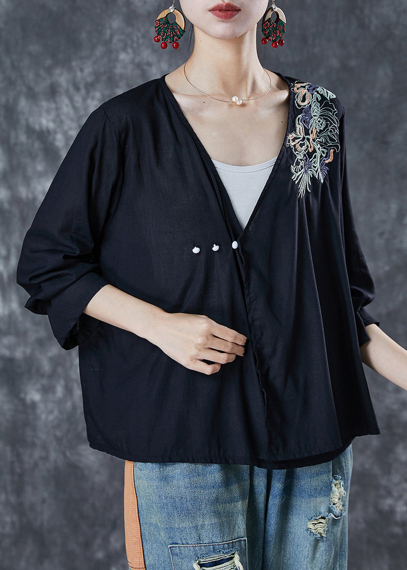 Black Embroidered Cotton Loose Blouses Summer