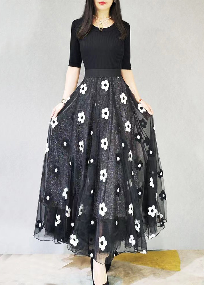 Black Embroidered Elastic Waist Tulle Skirt Spring