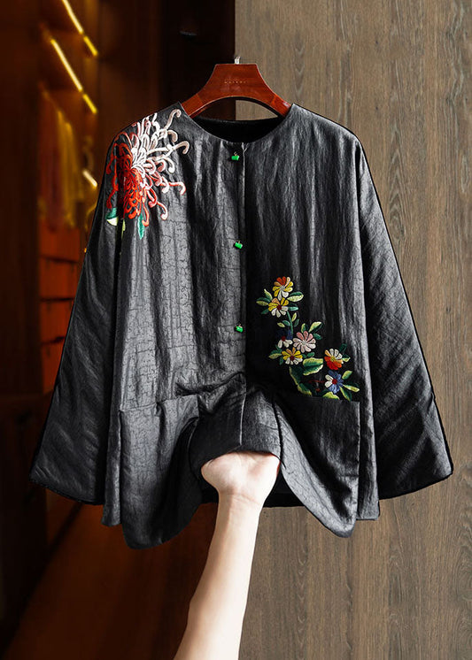 Black Embroideried Button Silk Velour Parka Winter