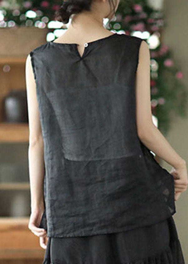 Black Embroideried Linen Tank Tops Sleeveless