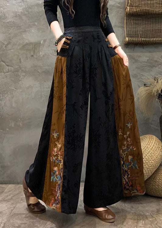 Black Embroideried Patchwork Pockets Silk Crop Pants Fall