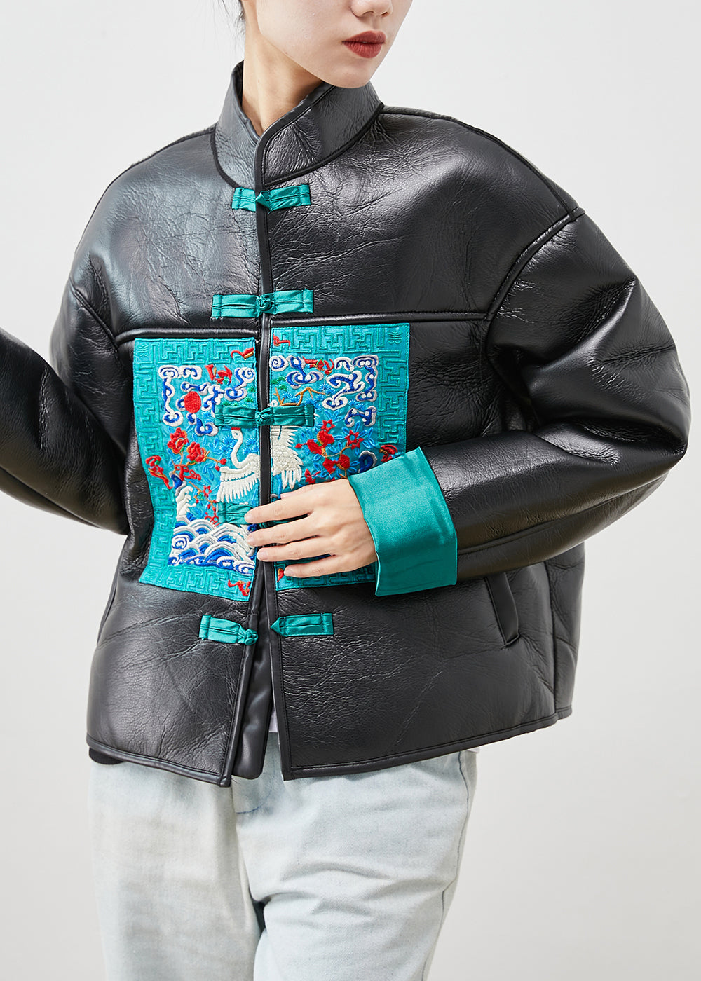Black Print Patchwork Warm Fleece Faux Leather Jackets Winter