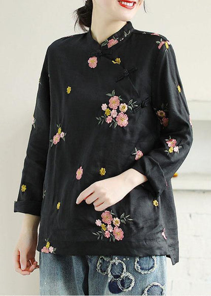 Plus Size Black Embroideried Stand Collar Button Fall Floral Long Sleeve Shirt