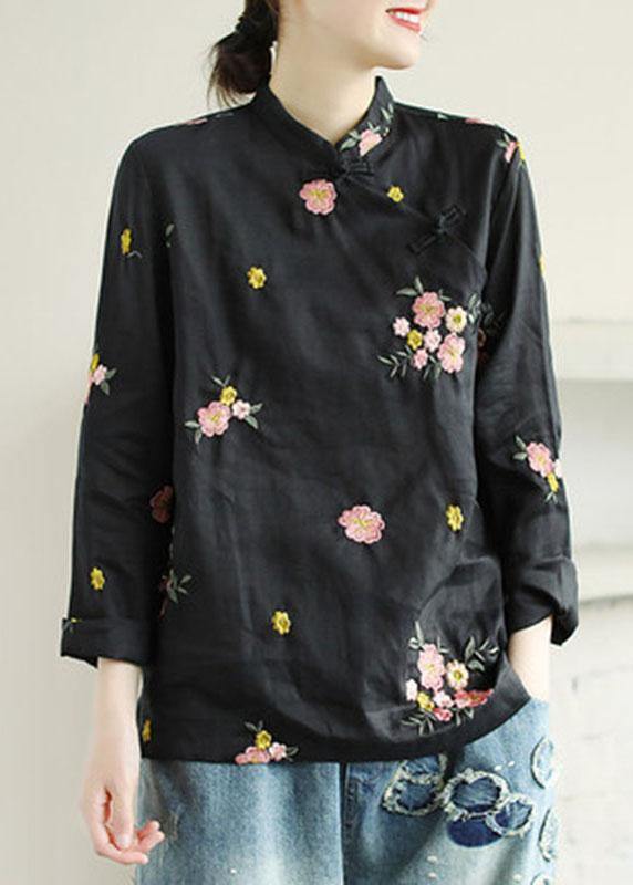 Plus Size Black Embroideried Stand Collar Button Fall Floral Long Sleeve Shirt