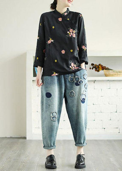 Plus Size Black Embroideried Stand Collar Button Fall Floral Long Sleeve Shirt