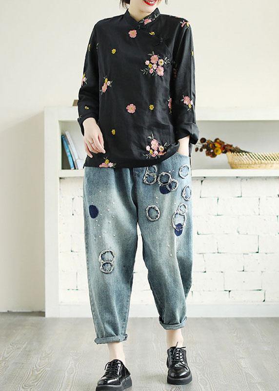 Plus Size Black Embroideried Stand Collar Button Fall Floral Long Sleeve Shirt