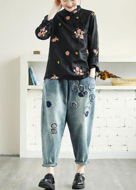 Plus Size Black Embroideried Stand Collar Button Fall Floral Long Sleeve Shirt