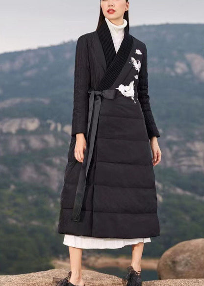 Black Embroideried Tie Waist Duck Down Puffer Coat Winter