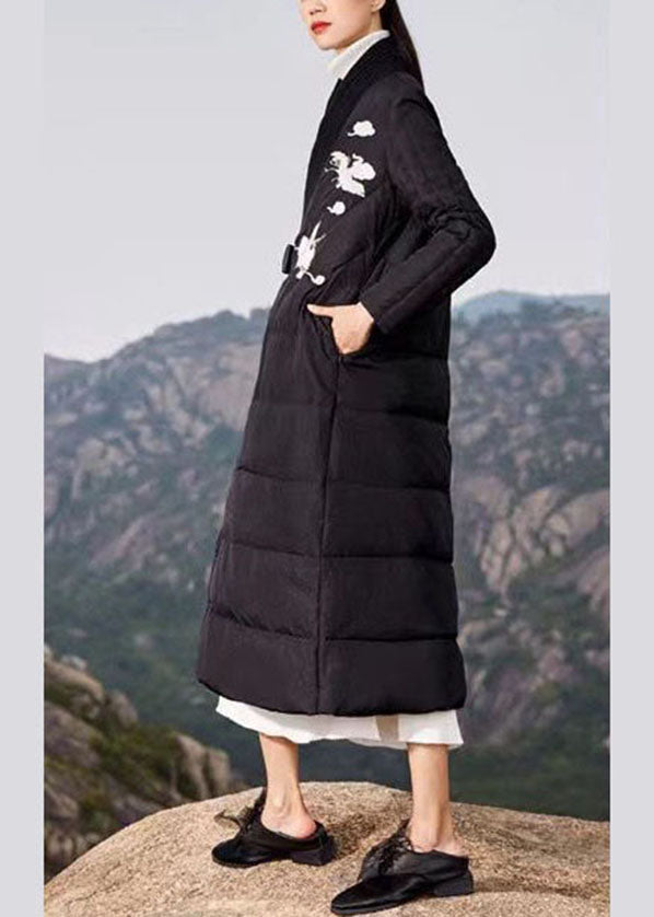Black Embroideried Tie Waist Duck Down Puffer Coat Winter