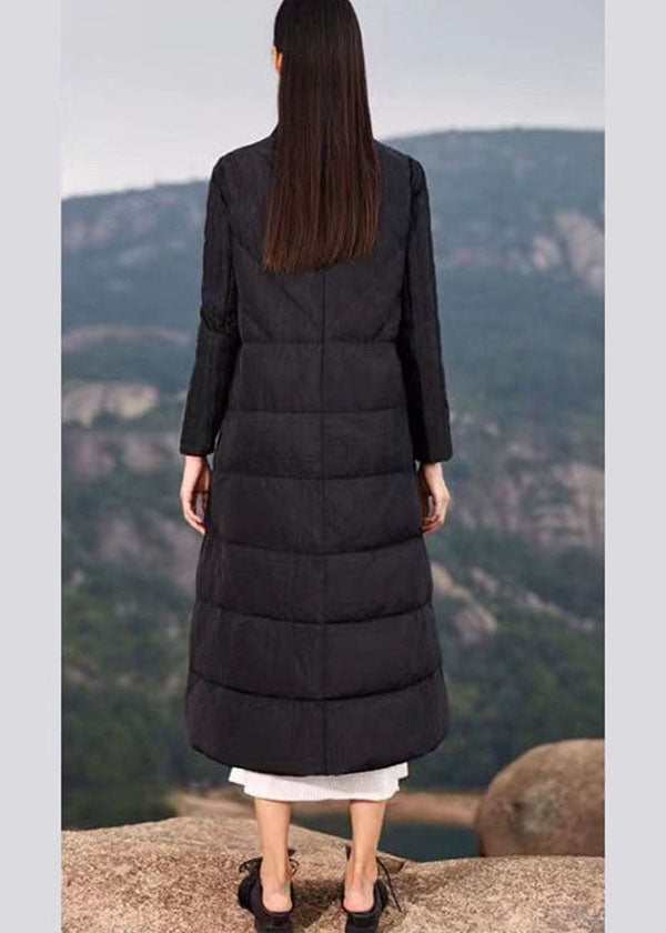Black Embroideried Tie Waist Duck Down Puffer Coat Winter
