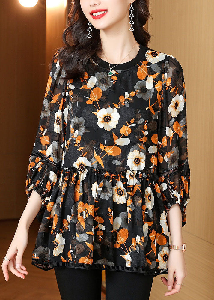 Black Wrinkled Patchwork Chiffon Blouse Top Summer