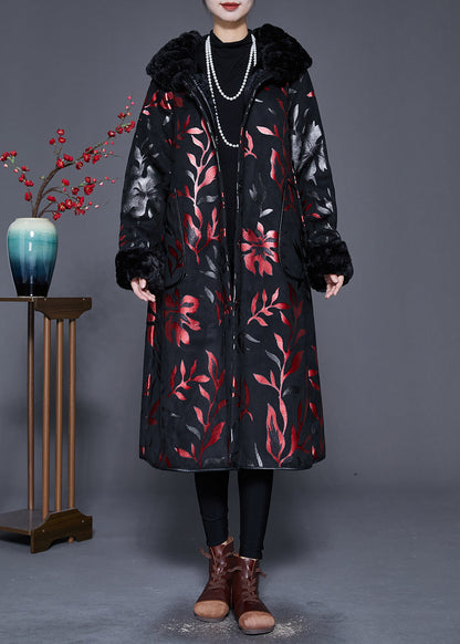 Black Fur Collar Print Warm Fleece Coats Winter