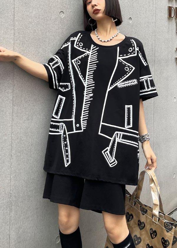 Black Graphic O-neck Cotton Shirt Top