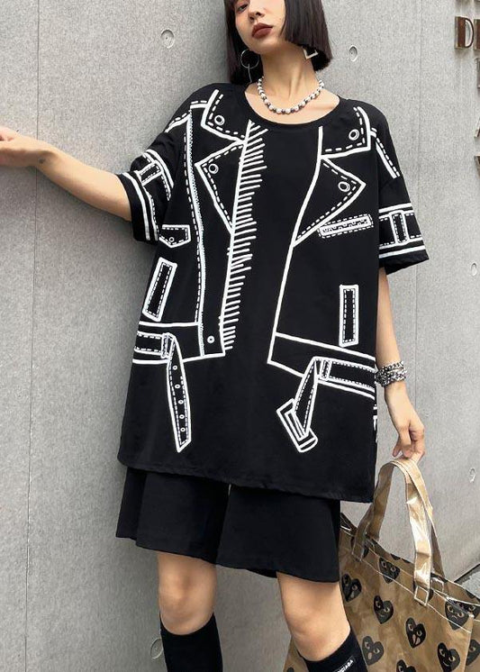 Black Graphic O-neck Cotton Shirt Top