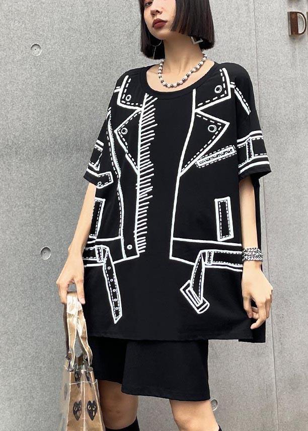 Black Graphic O-neck Cotton Shirt Top