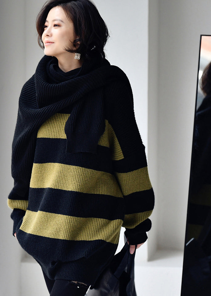 Black Green Colour O-neck Striped Patchwork Cotton Knit Sweaters Fall