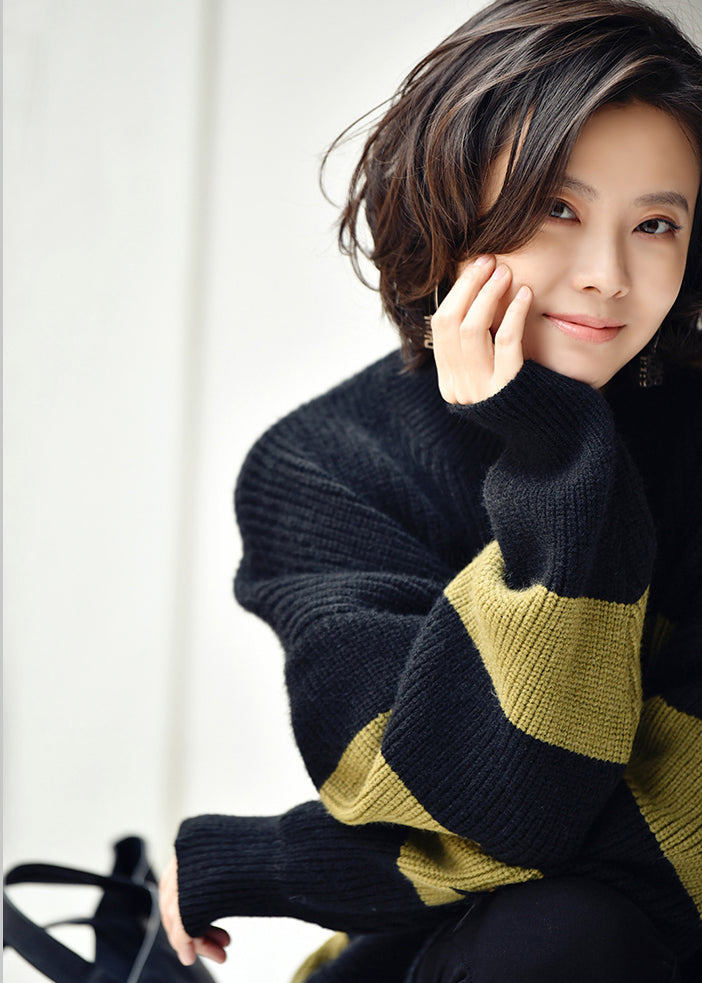 Black Green Colour O-neck Striped Patchwork Cotton Knit Sweaters Fall