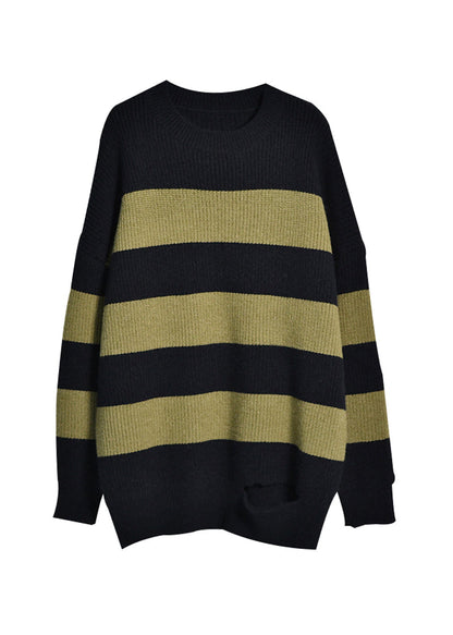 Black Green Colour O-neck Striped Patchwork Cotton Knit Sweaters Fall