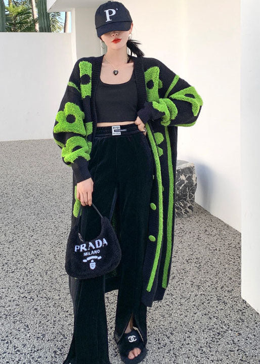 Black Green Print Knit Coats Spring