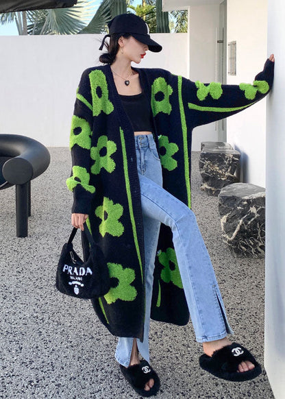 Black Green Print Knit Coats Spring