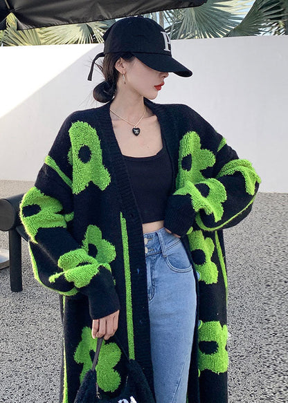 Black Green Print Knit Coats Spring