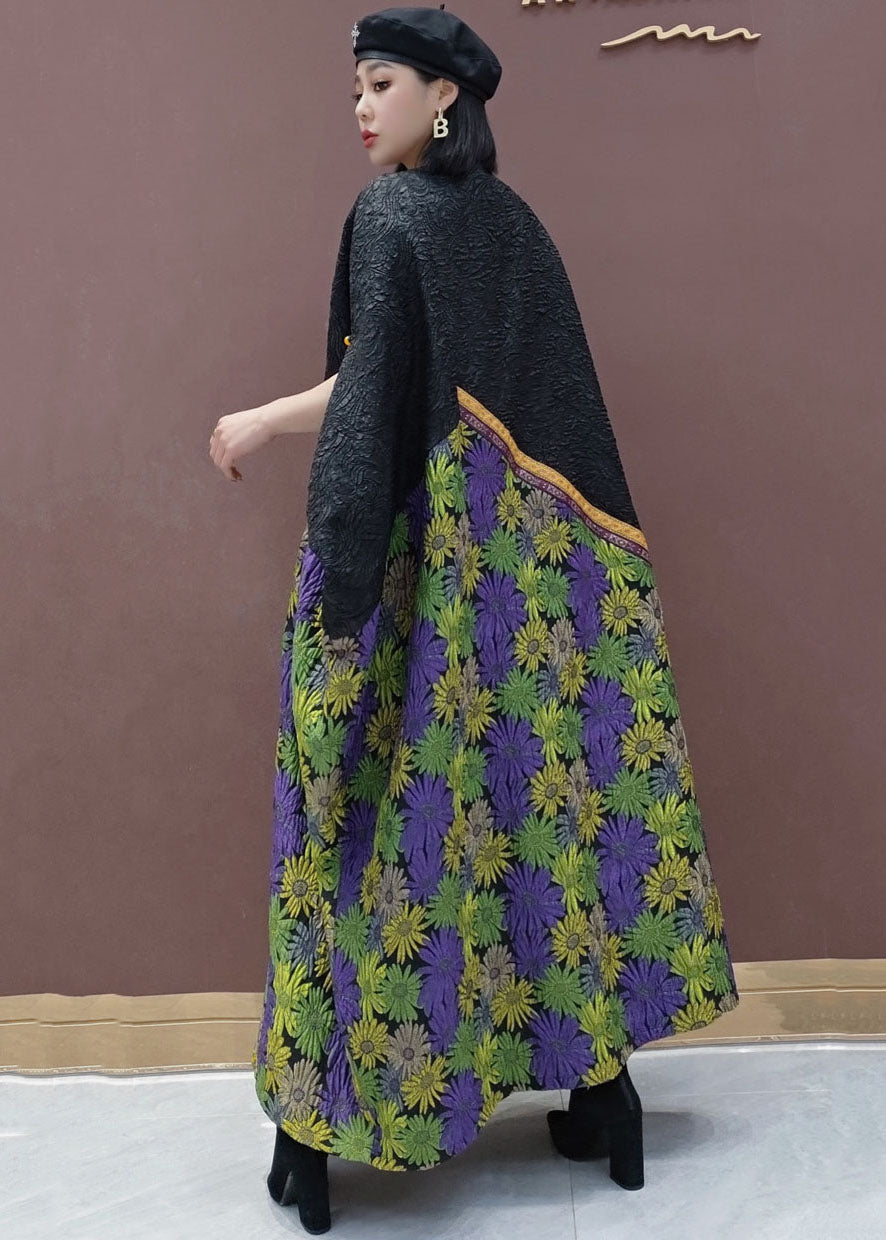 Black Green O-neck Patchwork Daisy Wrinkled Holiday Dress Short Sleeve