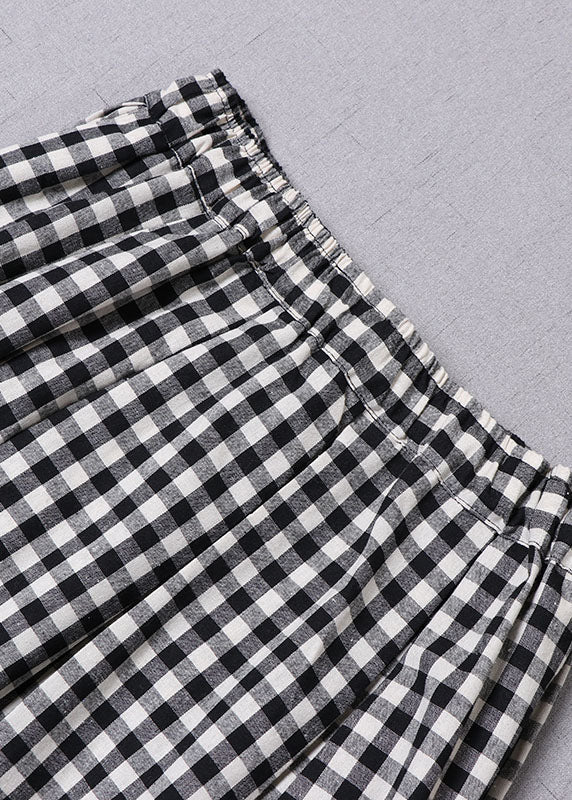 Black Grey Plaid Cinched Pockets a Line Skirts Spring